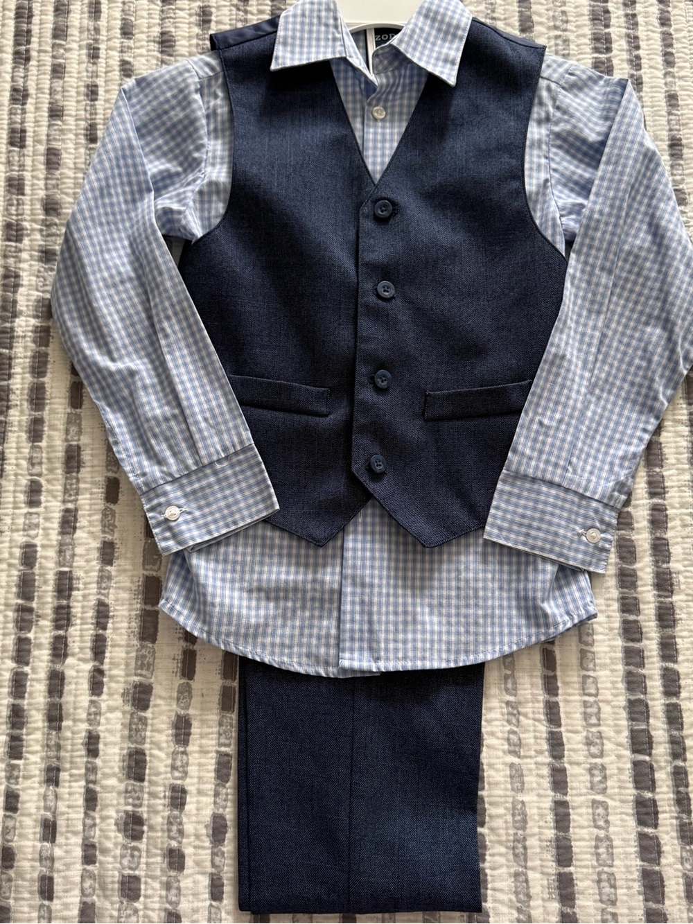 Izoid Boys Navy Vest & Pants Set with Light Blue Gingham Shirt